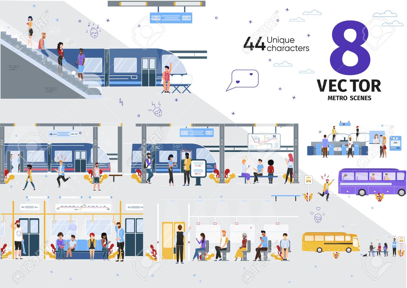 City Public Transport, Subway Passengers Transportation Trendy Flat Vector Scenes Set. Metro Passengers, People Waiting Train on Metropolitan Underground Station, Citizens Going with Bus Illustrations - 145549509 City Public Transport, Subway Passengers Transportation Trendy Flat Vector Scenes Set. Metro Passengers, People Waiting Train on Metropolitan Underground Station, Citizens Going with Bus Illustrations - 145549509