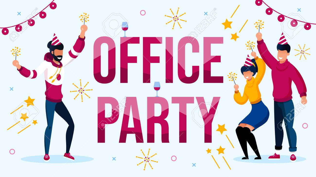 Office Party Celebration with Colleague Invitation Poster. Happy Coworker wearing Cute Festive Hat with Sparklers Having Fun, Dancing. New Year, Xmas or Birthday Celebration Vector Illustration - 145549510 Office Party Celebration with Colleague Invitation Poster. Happy Coworker wearing Cute Festive Hat with Sparklers Having Fun, Dancing. New Year, Xmas or Birthday Celebration Vector Illustration - 145549510