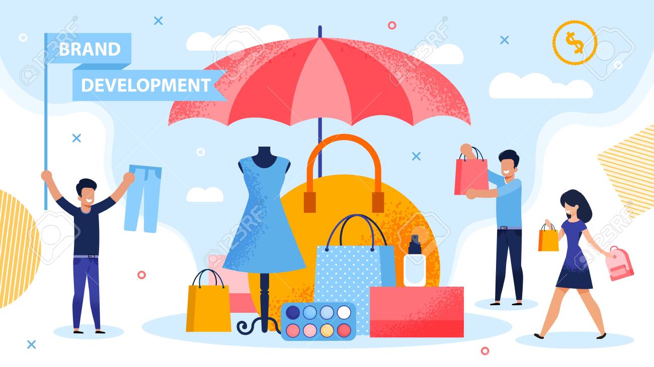 Brand Development and Piracy Protection Metaphor. People Carrying Shopping Bag and Putting Product under Parasol. Marketer Holding Flag with Promoting Lettering. Fashion Woman Goods Security - 145549511 Brand Development and Piracy Protection Metaphor. People Carrying Shopping Bag and Putting Product under Parasol. Marketer Holding Flag with Promoting Lettering. Fashion Woman Goods Security - 145549511