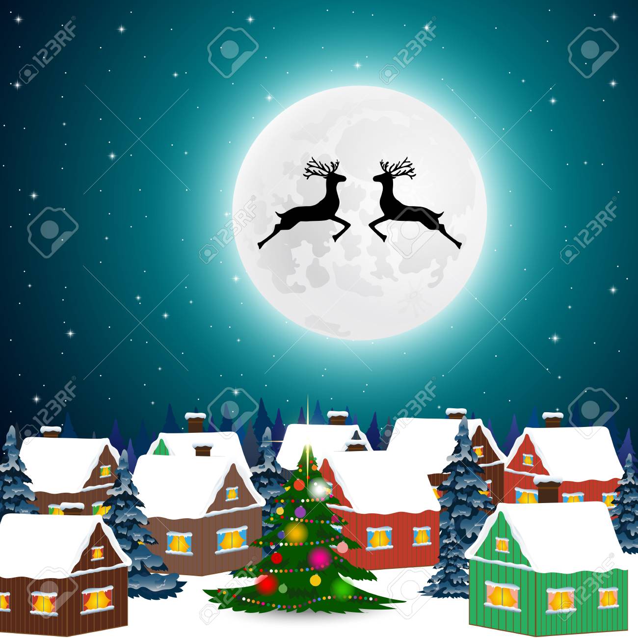 夜クリスマスの森風景クリスマス ツリー のイラスト素材 ベクタ Image