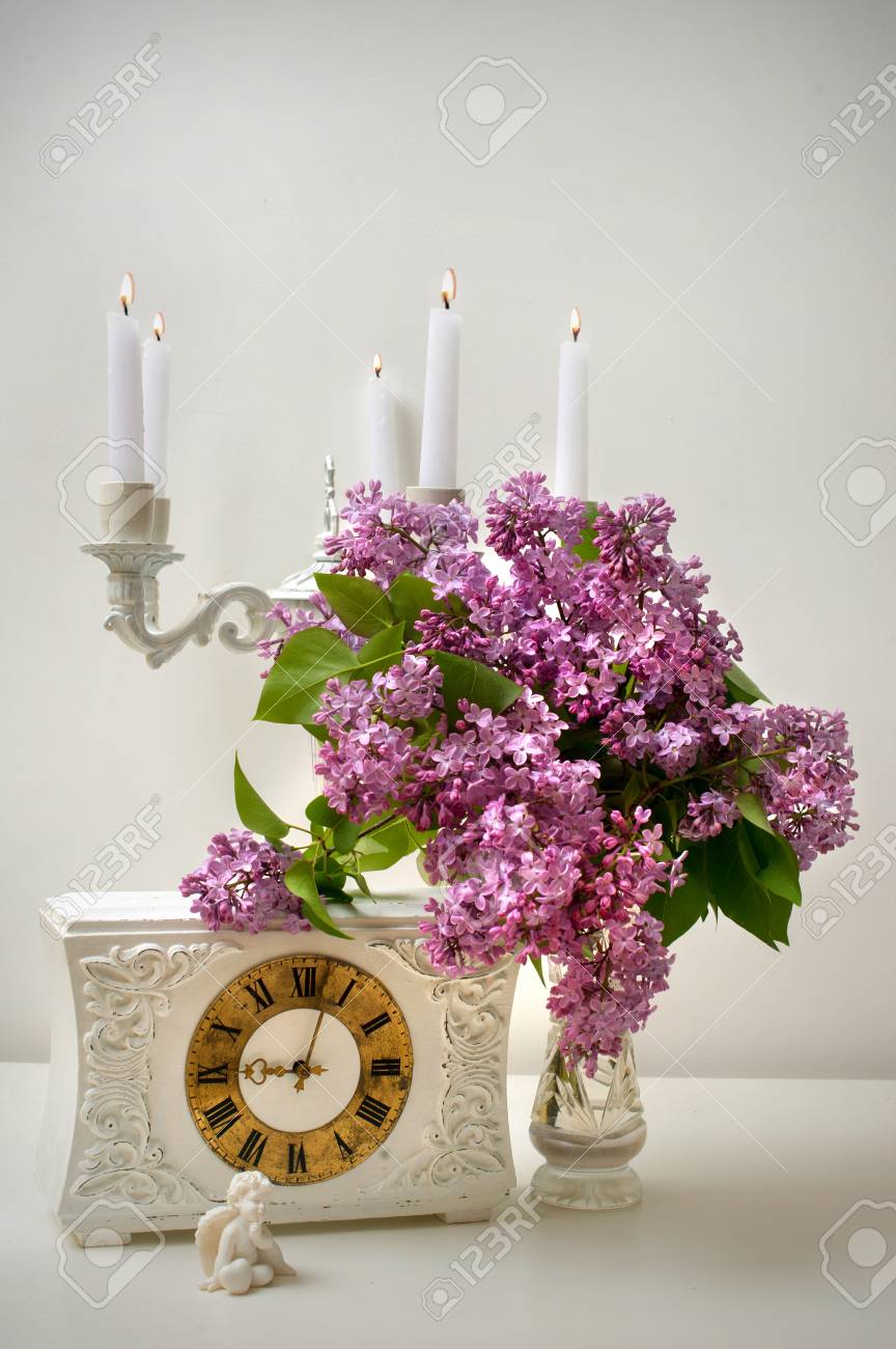 Delicate Still Life A Bouquet Of Lilacs In A Crystal Vase And