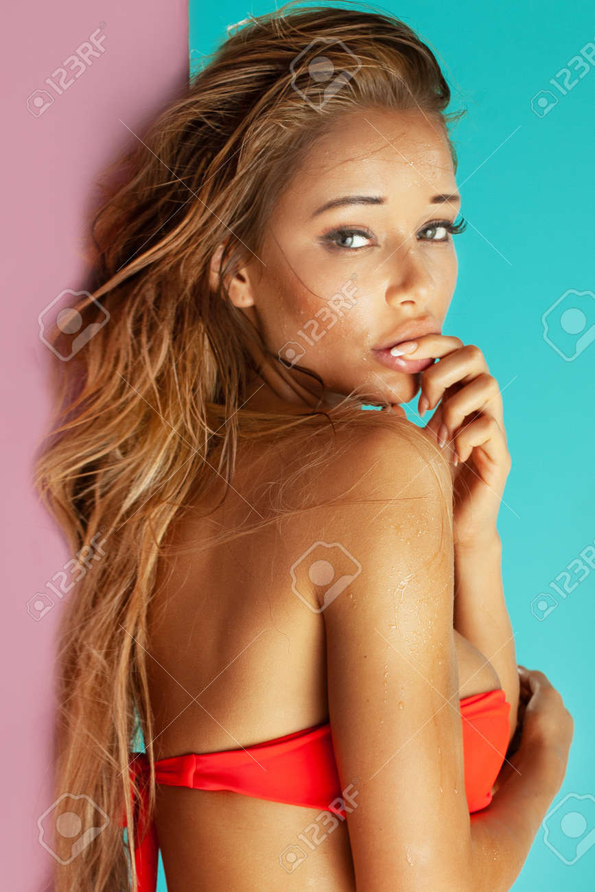 Red Swimsuit, Sensual Posing On Pink