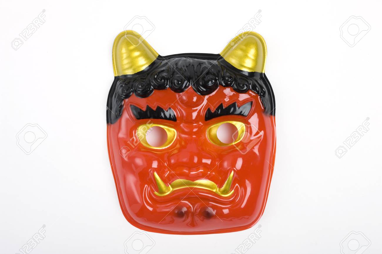 contact surface of setsubun red ogre stock photo picture and setsubun mask