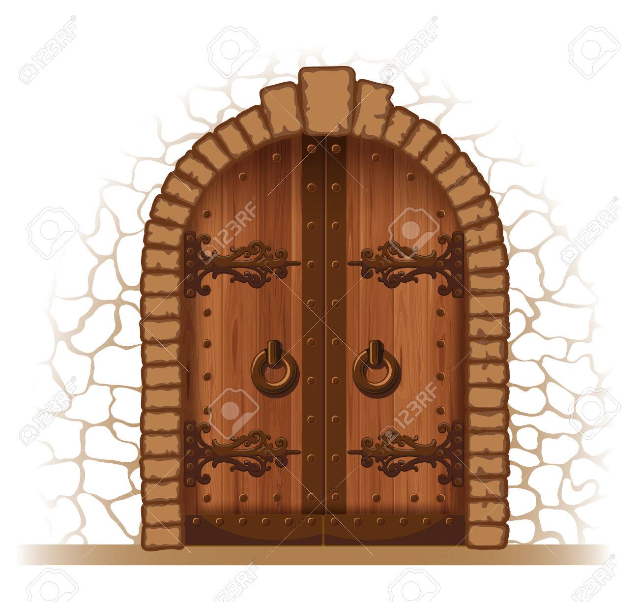 Arched medieval wooden door in a stone wall - 55910367 Arched medieval wooden door in a stone wall - 55910367
