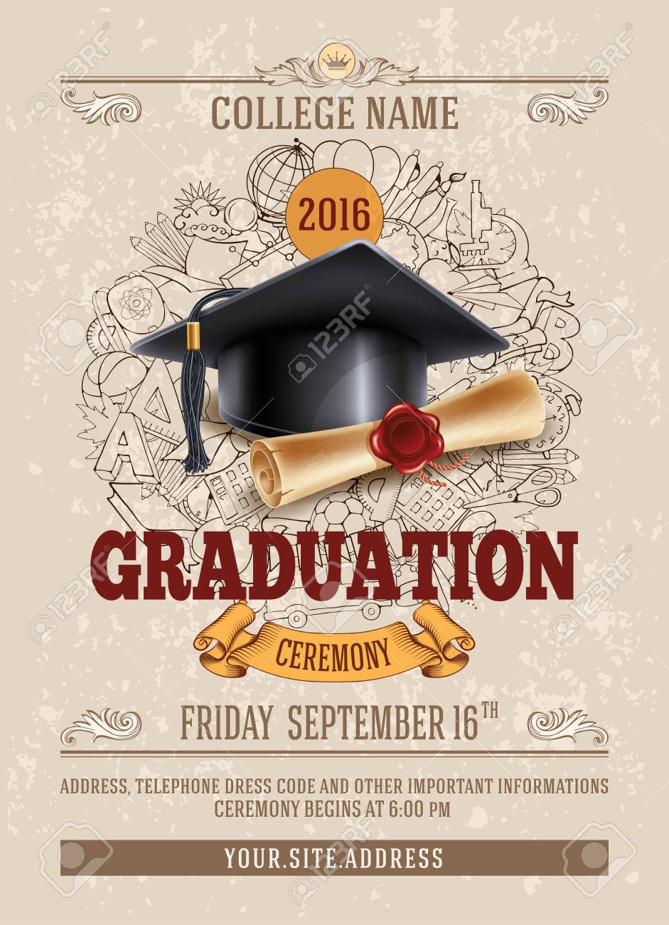 Vector template of announcement or invitation to Graduation ceremony or party with unusual realistic image of Graduation cap and diploma. There is place for your text. - 69204986 Vector template of announcement or invitation to Graduation ceremony or party with unusual realistic image of Graduation cap and diploma. There is place for your text. - 69204986