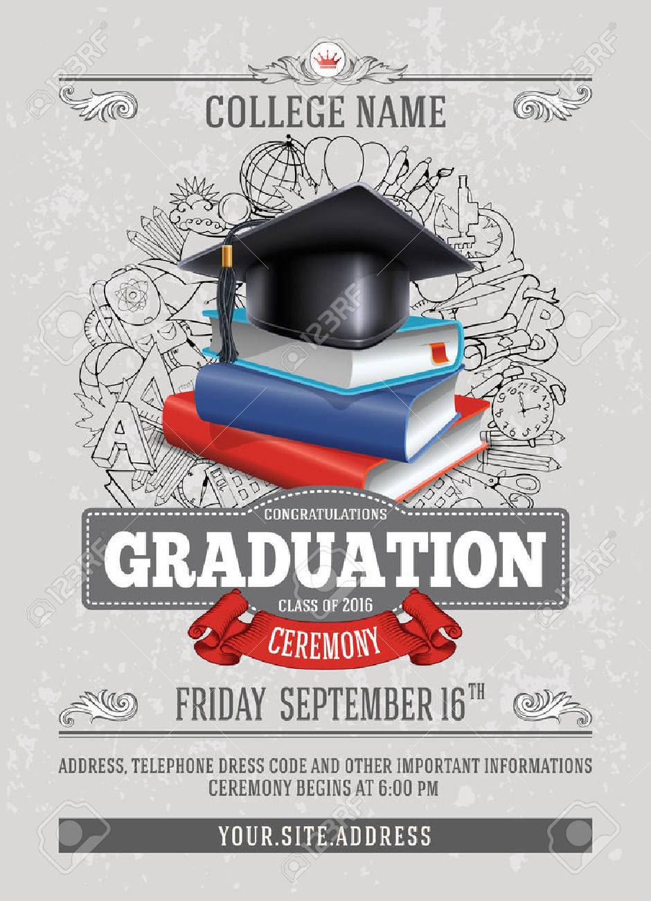 Vector template of announcement or invitation to Graduation ceremony or party with unusual realistic image of Graduation cap and stack of books. There is place for your text. - 69204984 Vector template of announcement or invitation to Graduation ceremony or party with unusual realistic image of Graduation cap and stack of books. There is place for your text. - 69204984