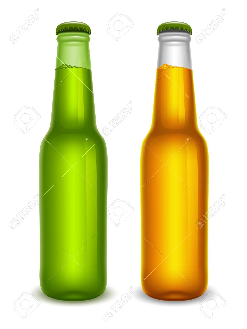 ラガービールとキャップが現実的な緑と白のビール瓶のセット 空のビール瓶ビール 新しいデザインの準備ができての 分離ベクトル図のイラスト素材 ベクタ Image