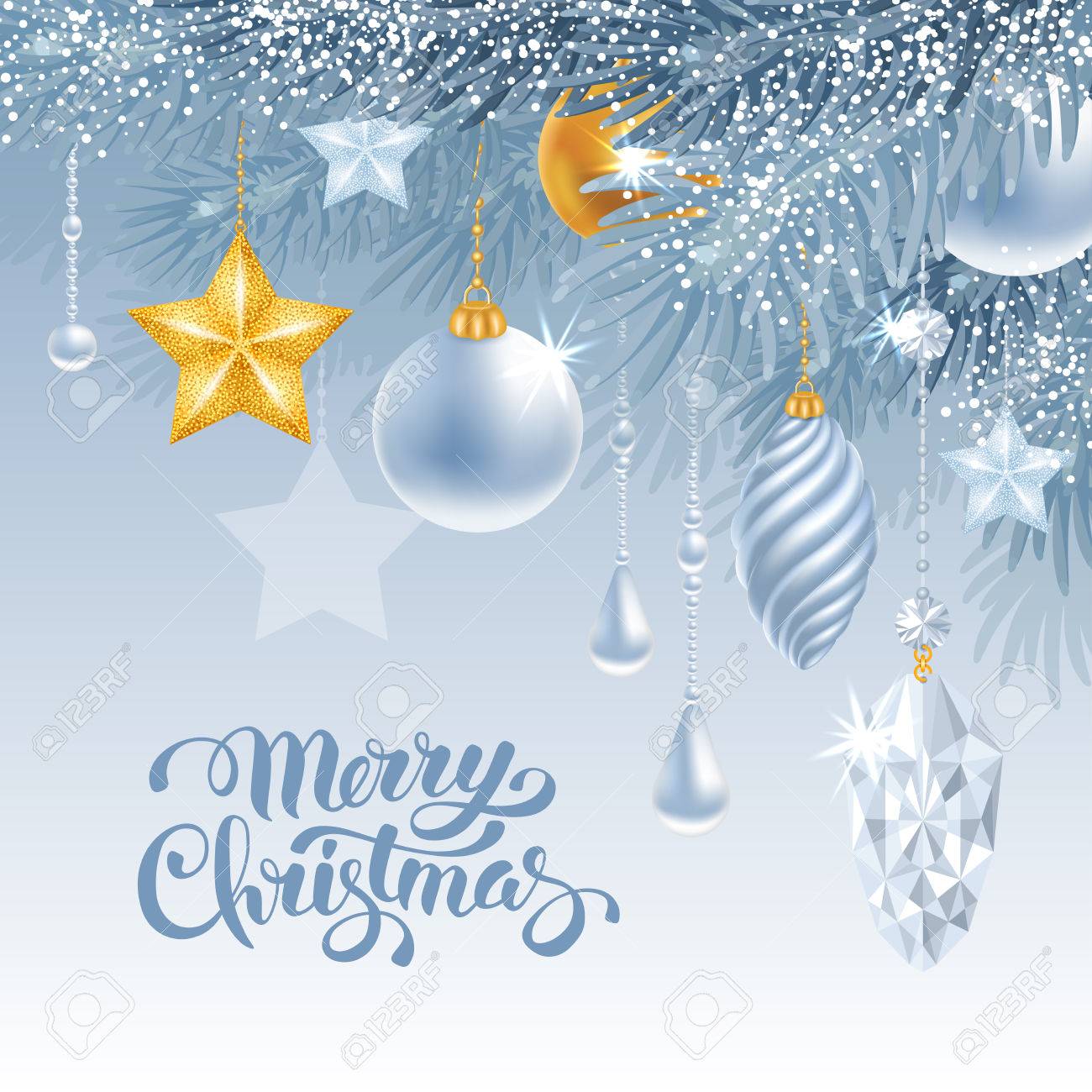 christmas greeting card with frozen spruce branches and different frozen christmas decorations