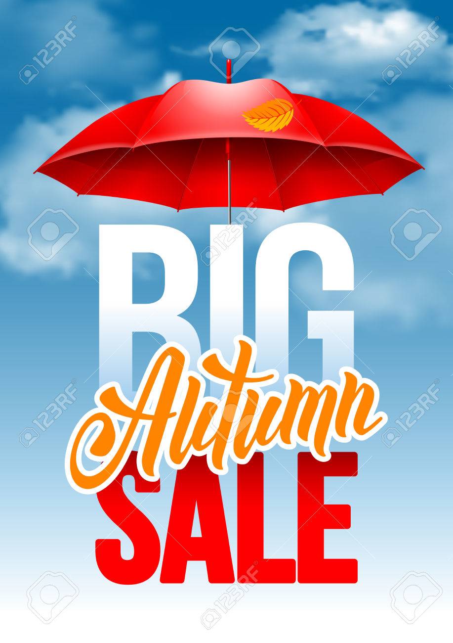 Cartel Estacional Del Anuncio De La Venta Del Otoño Con Las Hojas De Otoño El Paraguas Rojo Fondo Nublado Del Cielo Del Otoño. Letras Con Inscripción De Caligrafía Venta De