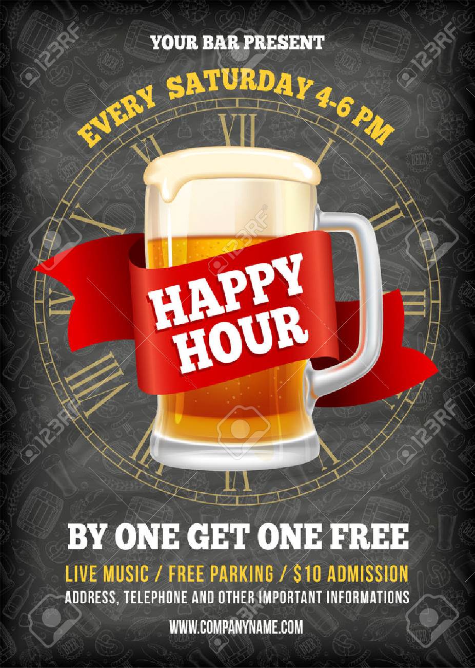 Happy Hour. Free beer. Vintage illustration template for web, poster, flyer, invitation to party. Vector stock illustration. - 81692251 Happy Hour. Free beer. Vintage illustration template for web, poster, flyer, invitation to party. Vector stock illustration. - 81692251