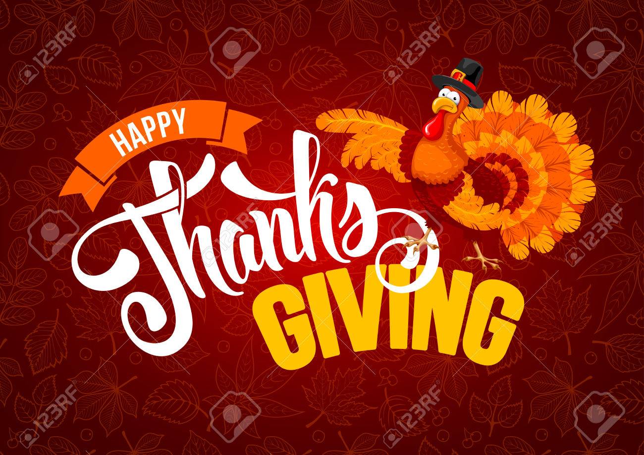Thanksgiving greeting design with cheerful turkey and calligraphy inscription Happy Thanksgiving Day on red background with leafs pattern. Vector illustration. - 88032146 Thanksgiving greeting design with cheerful turkey and calligraphy inscription Happy Thanksgiving Day on red background with leafs pattern. Vector illustration. - 88032146