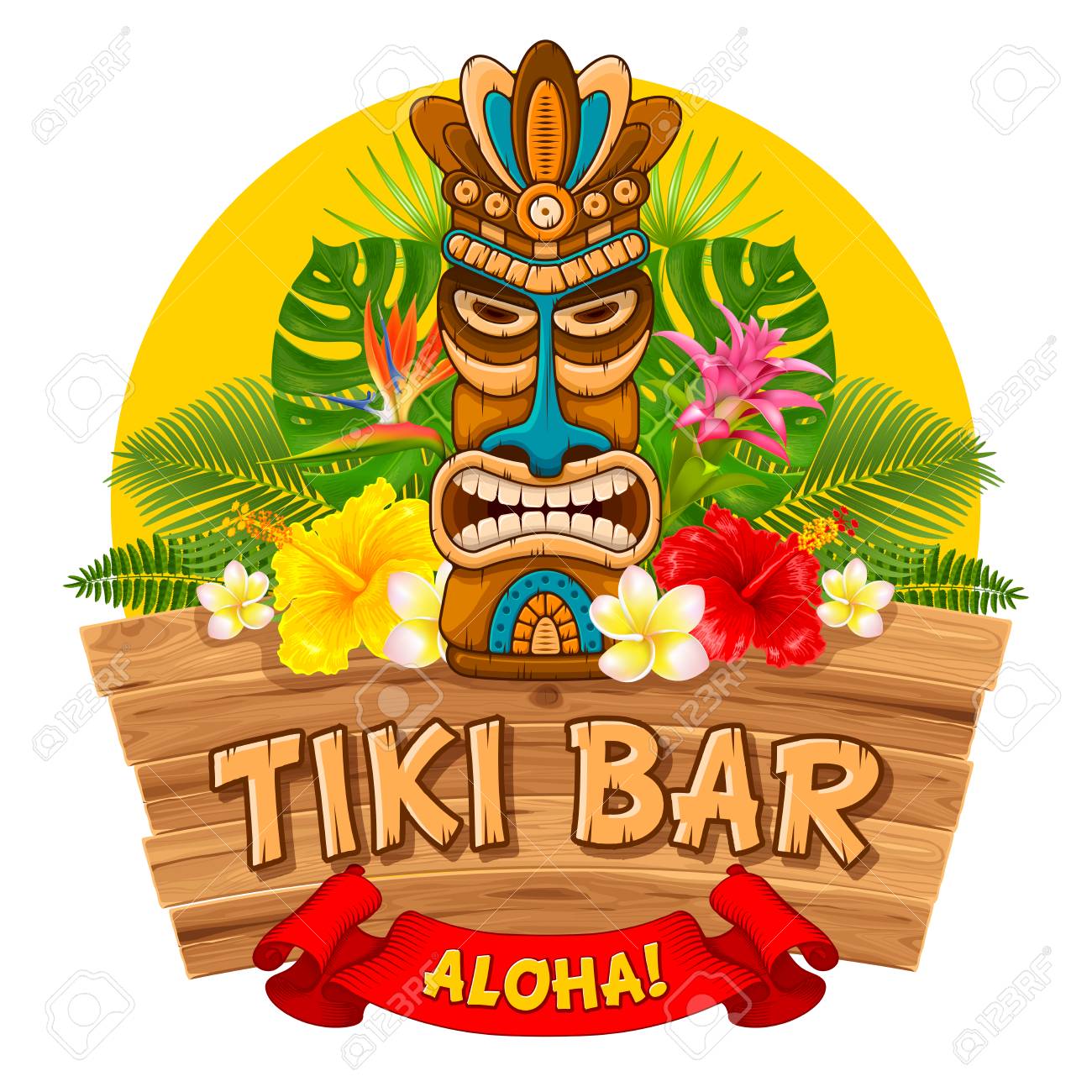 Tiki tribal wooden mask, tropical exotic plants and signboard of bar. Hawaiian traditional elements. Isolated on white background. Vector illustration. - 98758115 Tiki tribal wooden mask, tropical exotic plants and signboard of bar. Hawaiian traditional elements. Isolated on white background. Vector illustration. - 98758115