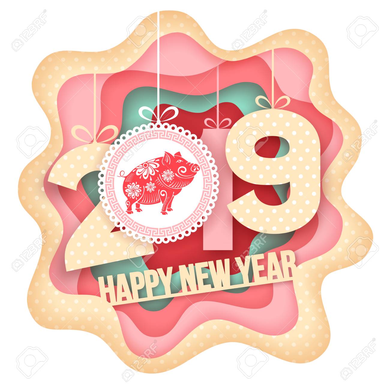 Happy New Year greeting. Paper art carving style design with digits 2019 and symbol of the year - pig. Vector illustration. - 102963774 Happy New Year greeting. Paper art carving style design with digits 2019 and symbol of the year - pig. Vector illustration. - 102963774