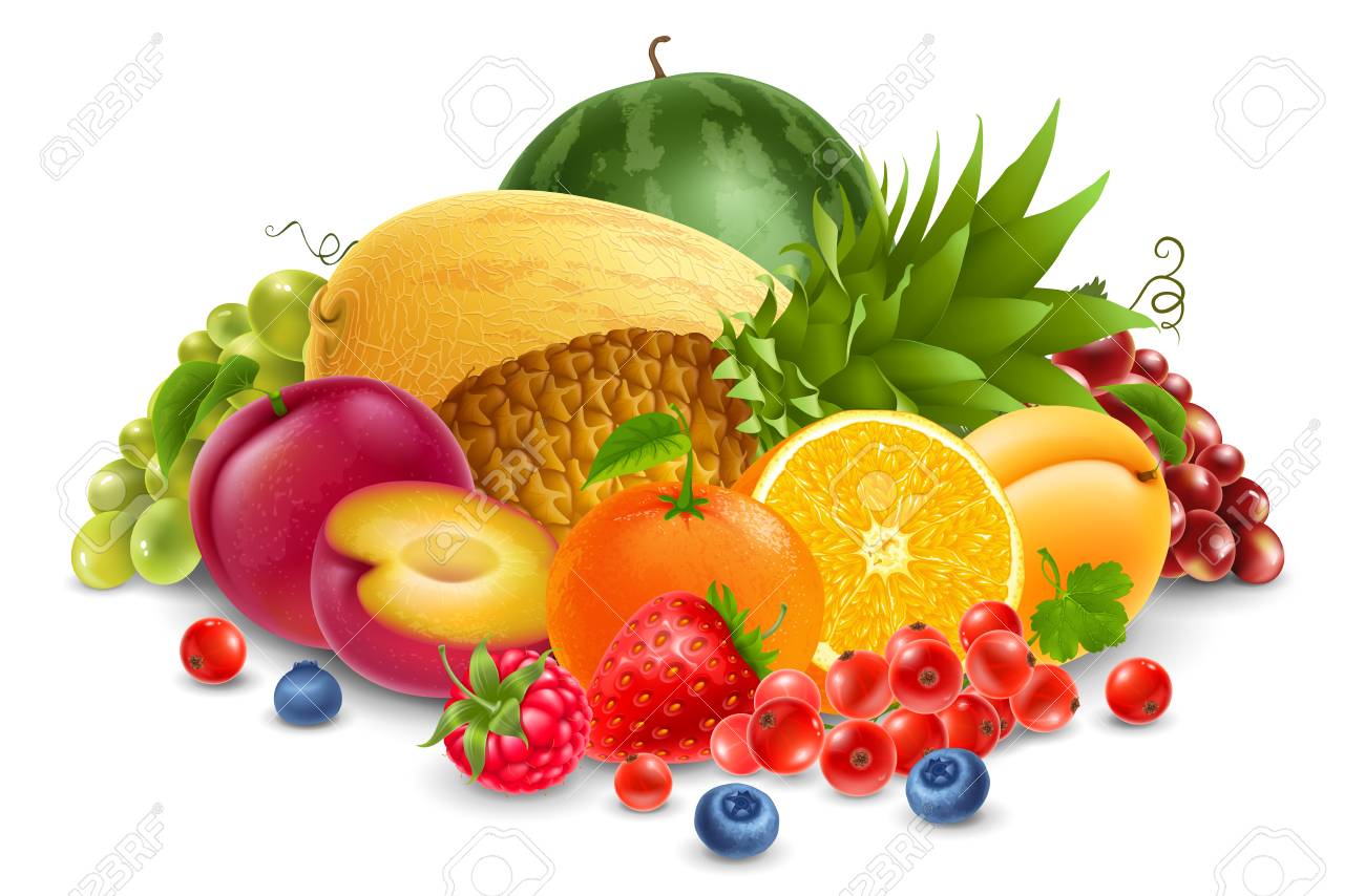 harvest of juicy fruits and berries vector illustration isolated