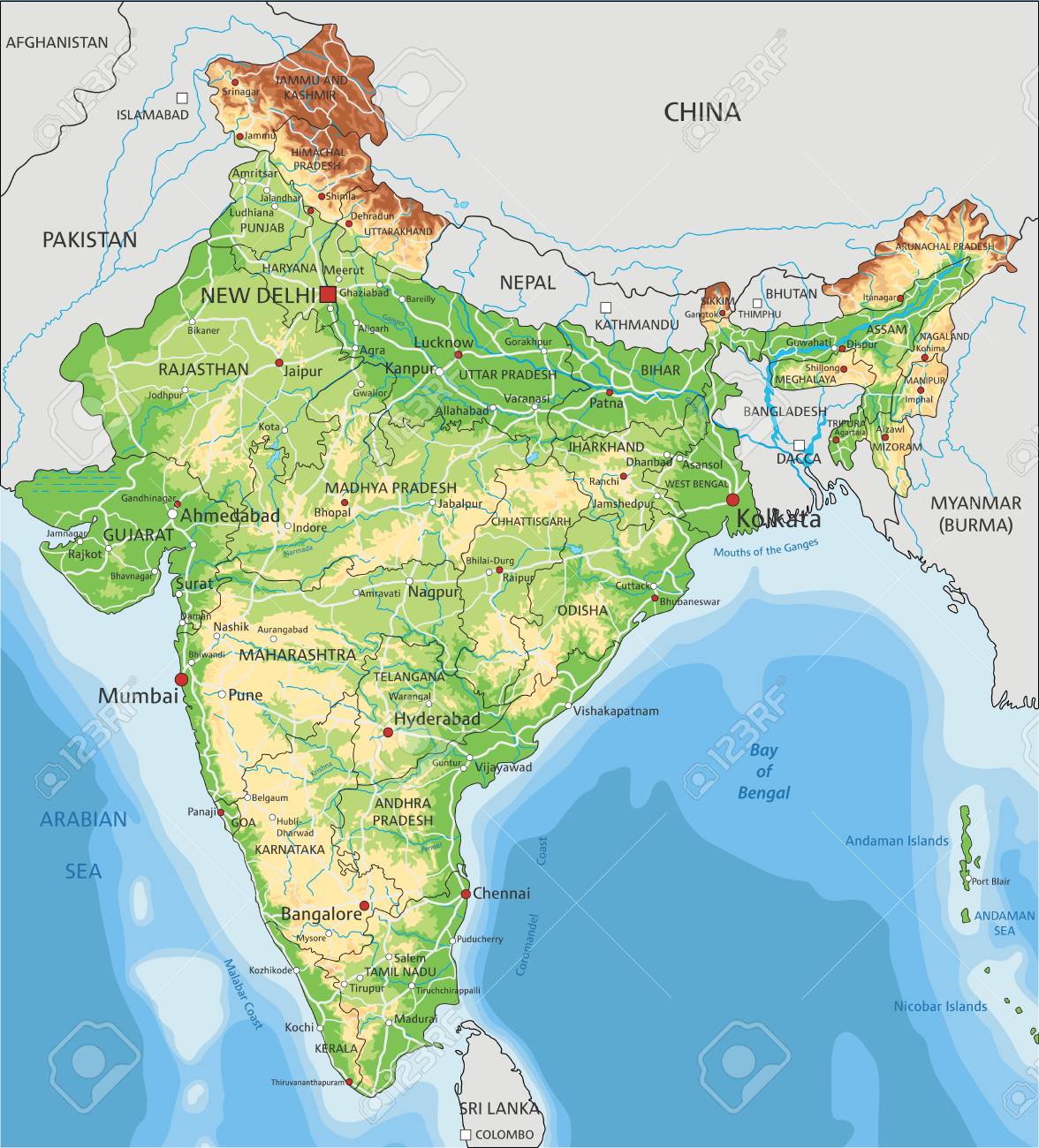 Physical Map Of India High Detailed India Physical Map With Labeling. Royalty Free Cliparts,  Vectors, And Stock Illustration. Image 122617806.