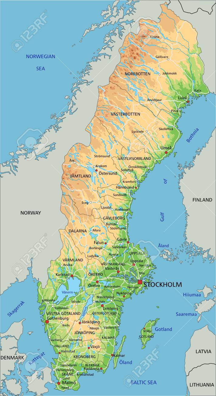 Physical Map Of Sweden High Detailed Sweden Physical Map With Labeling. Royalty Free Svg,  Cliparts, Vectors, And Stock Illustration. Image 122716349.