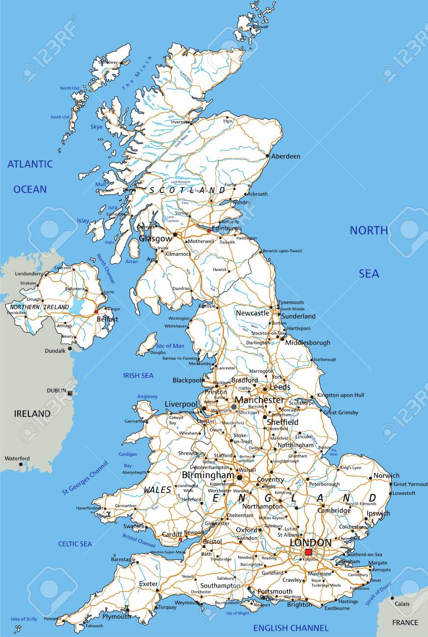 United Kingdom Map Labeled High Detailed United Kingdom Road Map With Labeling. Royalty Free Svg,  Cliparts, Vectors, And Stock Illustration. Image 122716488.