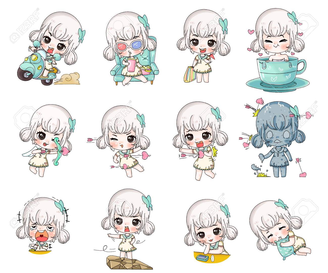 Charactor Fet Of Cute Girl In Different Pose Portrait Royalty Free Svg Cliparts Vectors And Stock Illustration Image