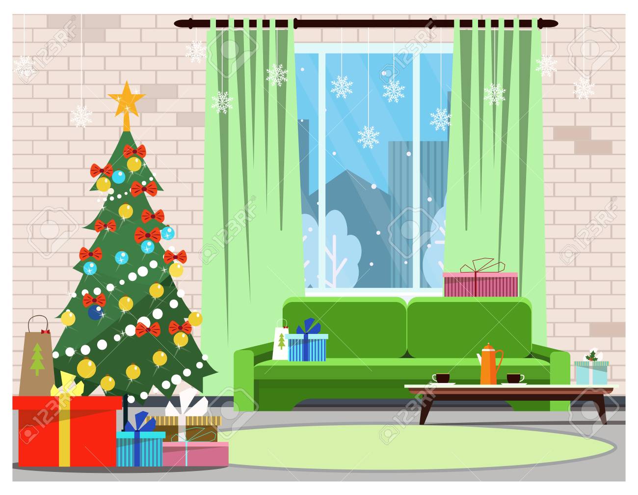 Apartment Interior With Decorated Fir Tree Window And Sofa Royalty Free Cliparts Vectors And Stock Illustration Image 112191516