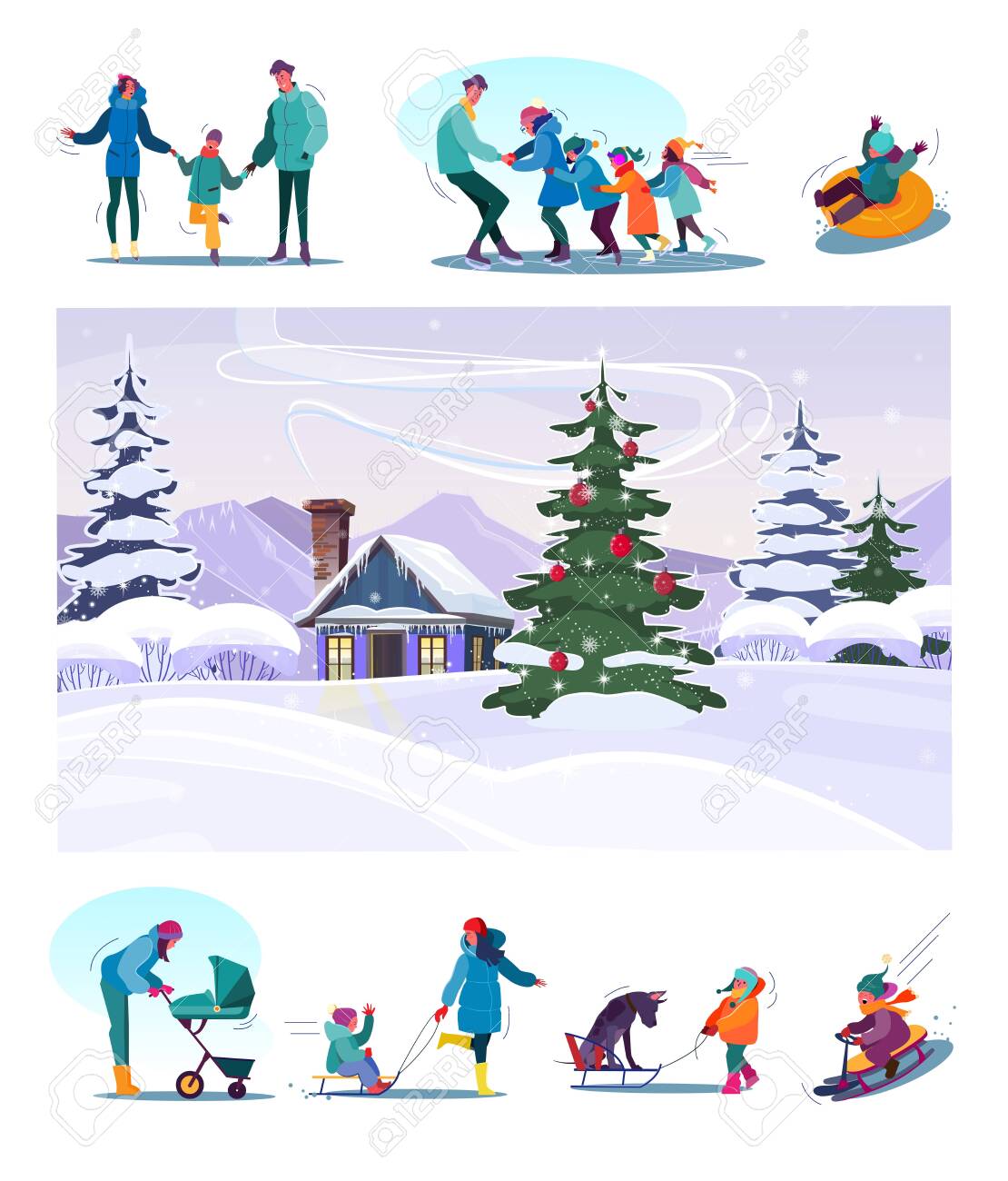Christmas Vacation Set Families And Kids Enjoying Outdoor Activities Royalty Free Cliparts Vectors And Stock Illustration Image 139386105