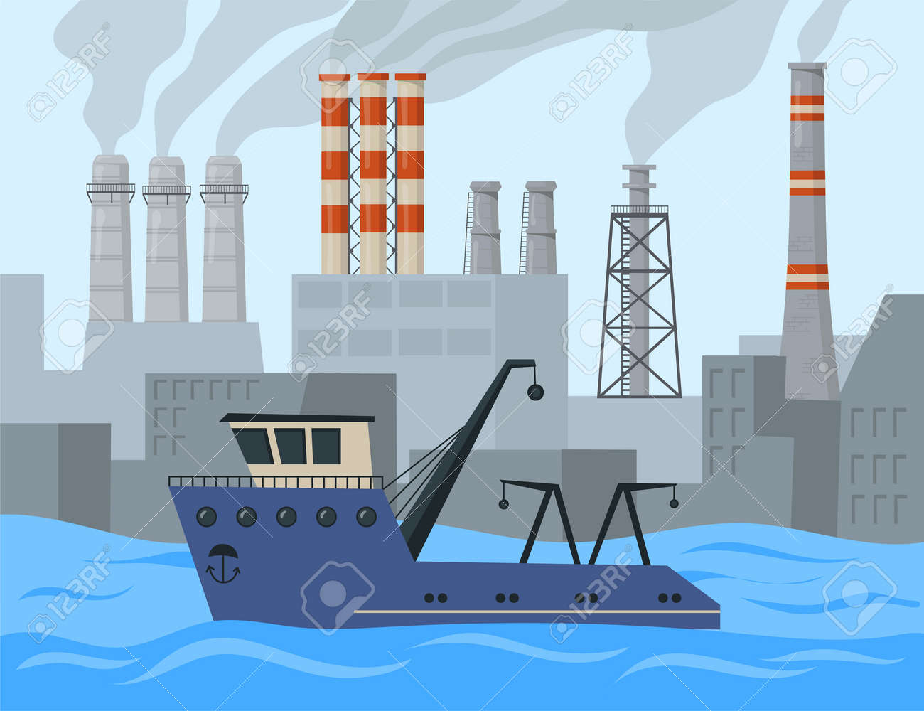 Sea Vessel Sailing Past Factories Cartoon Vector Illustration. Smoke From Industrial  Buildings, Ship On Water. Industry, Transportation Concept Royalty Free  SVG, Cliparts, Vectors, and Stock Illustration. Image 169908568., image size:1300x1000