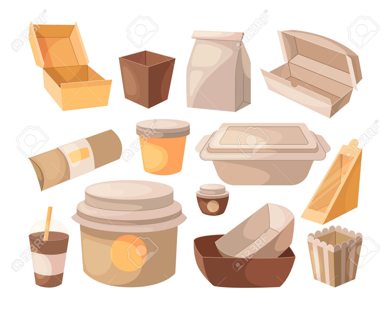 Carton Cups And Boxes With Takeout Food Vector Illustrations Set. Cartoon  Drawings Of Cardboard Containers, Paper Bags For Lunch Isolated On White  Background. Food Delivery, Takeaway Concept Royalty Free SVG, Cliparts,  Vectors,, image size:1300x1040