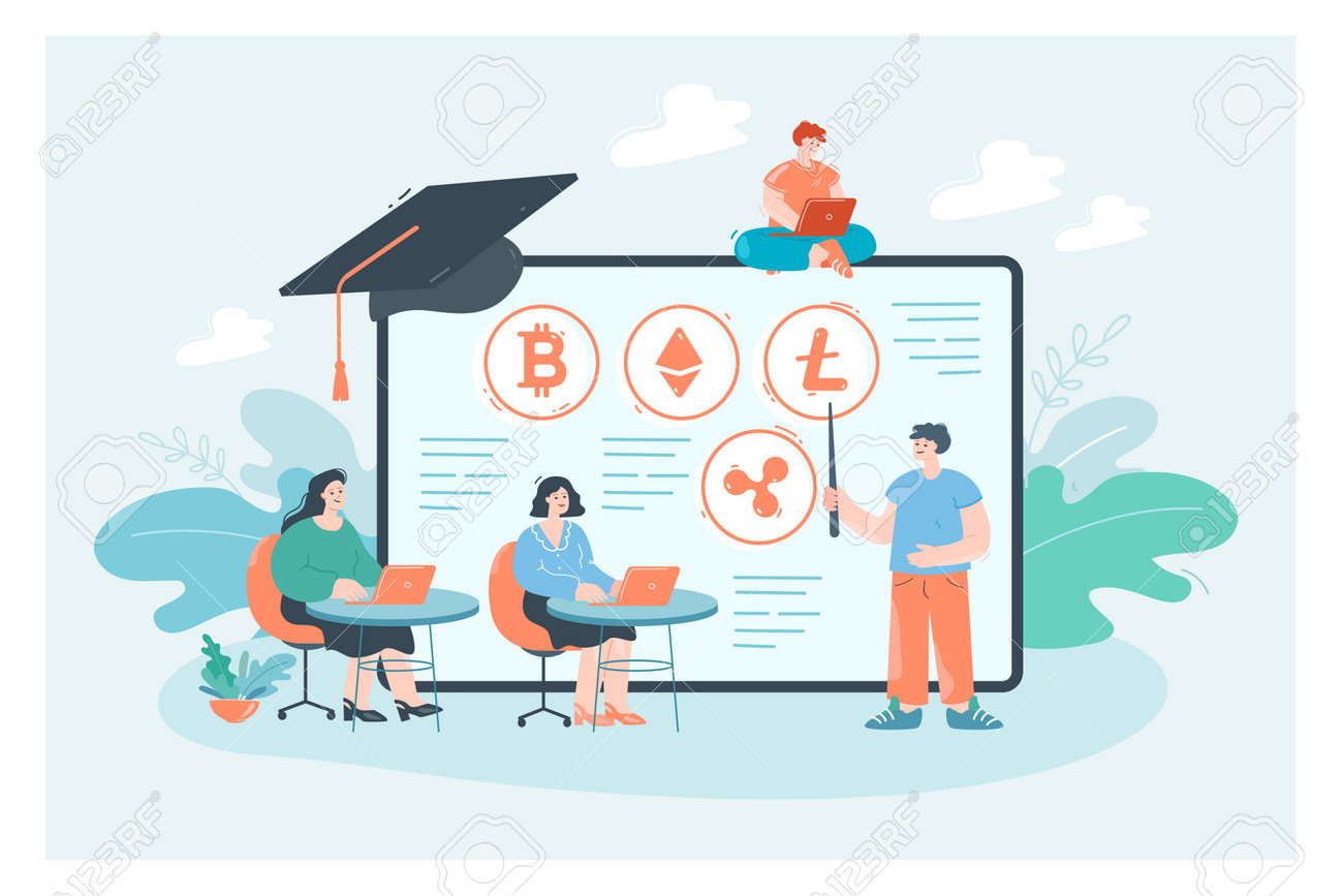 Online Academy With Students Learning Cryptocurrency And Trading. Tiny Male  And Female Persons Studying In Business School Flat Vector Illustration.  Financial Literacy And Strategy, Education Concept Royalty Free SVG,  Cliparts, Vectors, and