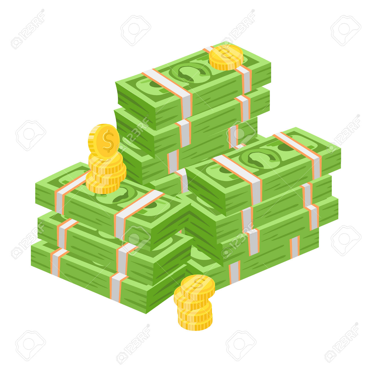 お金とコインの漫画イラストの山。白い背景に現金の山、緑の紙幣またはドルの山、通貨のイラスト素材・ベクター Image 193862432