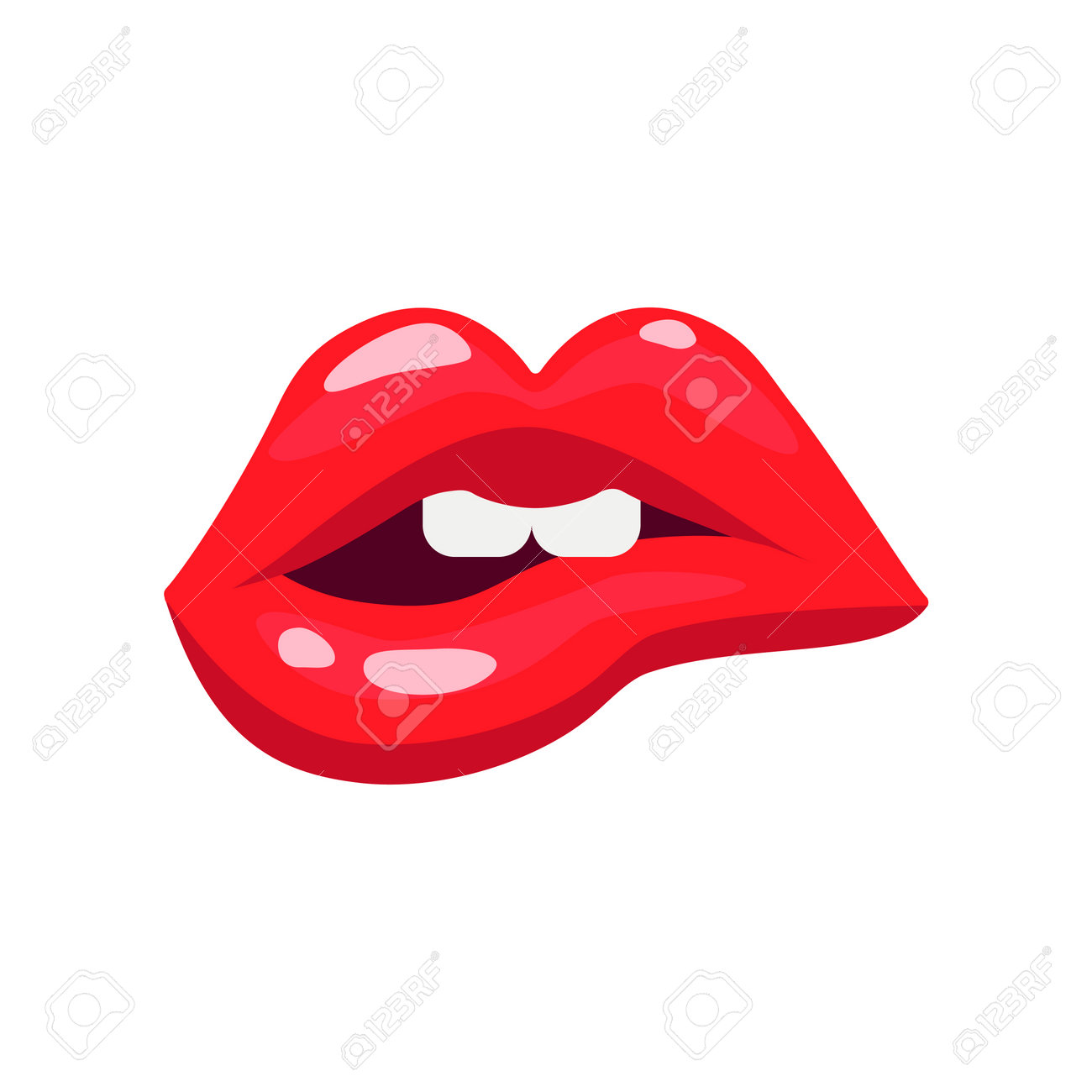 Lábios Da Mulher Com Batom Vermelho Mordendo Ilustração Vetorial Do Lábio.  Desenho Dos Desenhos Animados Da Boca Feminina Cômica Aberta, Brilho Do  Lábio, Lábio Mordendo Da Menina. Amor, Desejo, Conceito Do Glamour