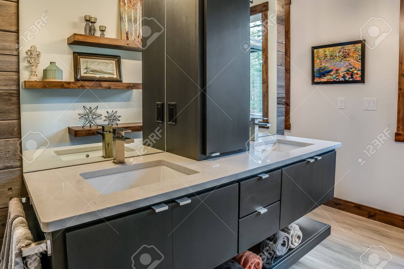 Double Vanity Sink And Mirrors With Open Walk Around To Master Stock Photo Picture And Royalty Free Image Image 146493139