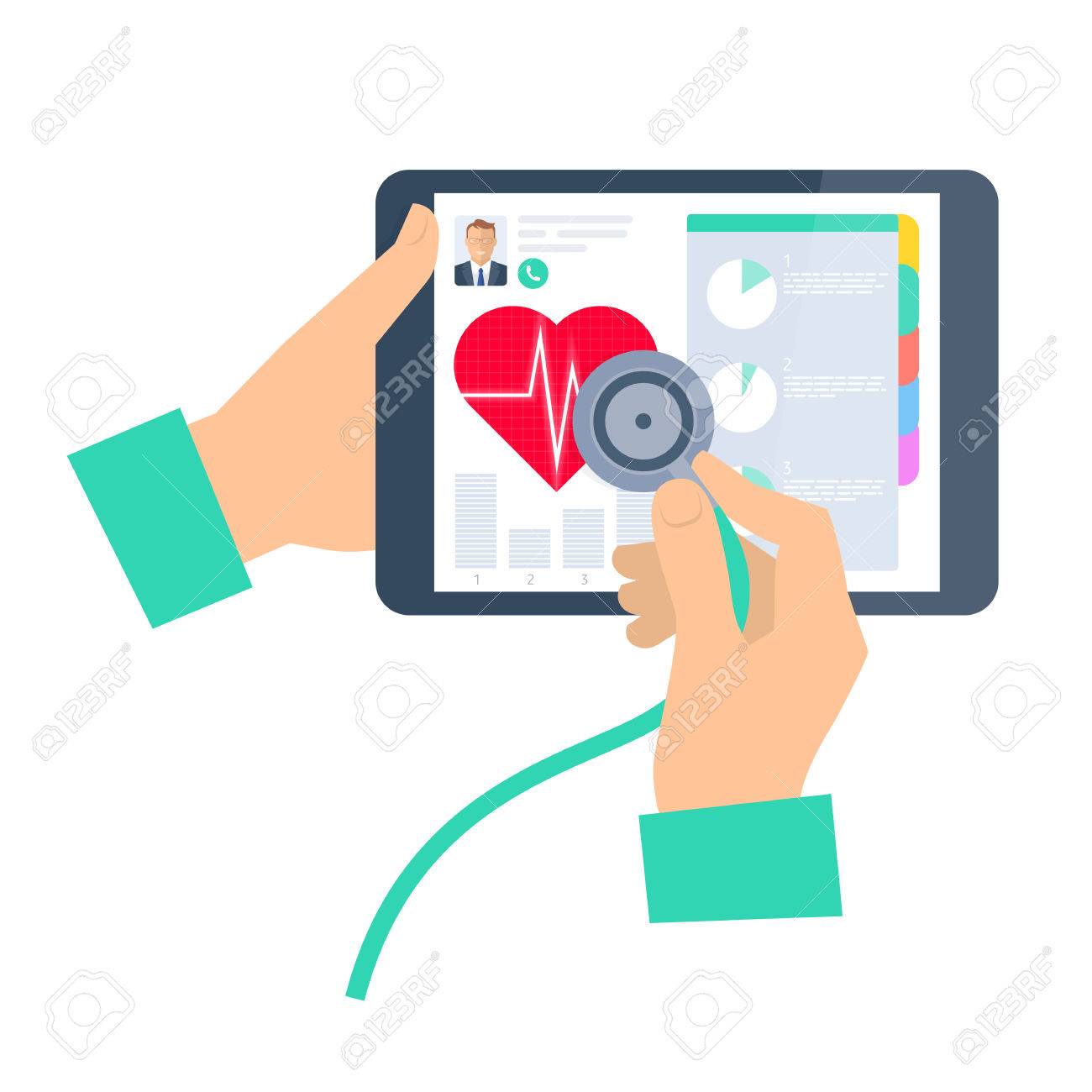 doctor using a stethoscope on a tablet computer telemedicinedoctor using a stethoscope on a tablet computer telemedicine and telehealth flat vector concept illustration