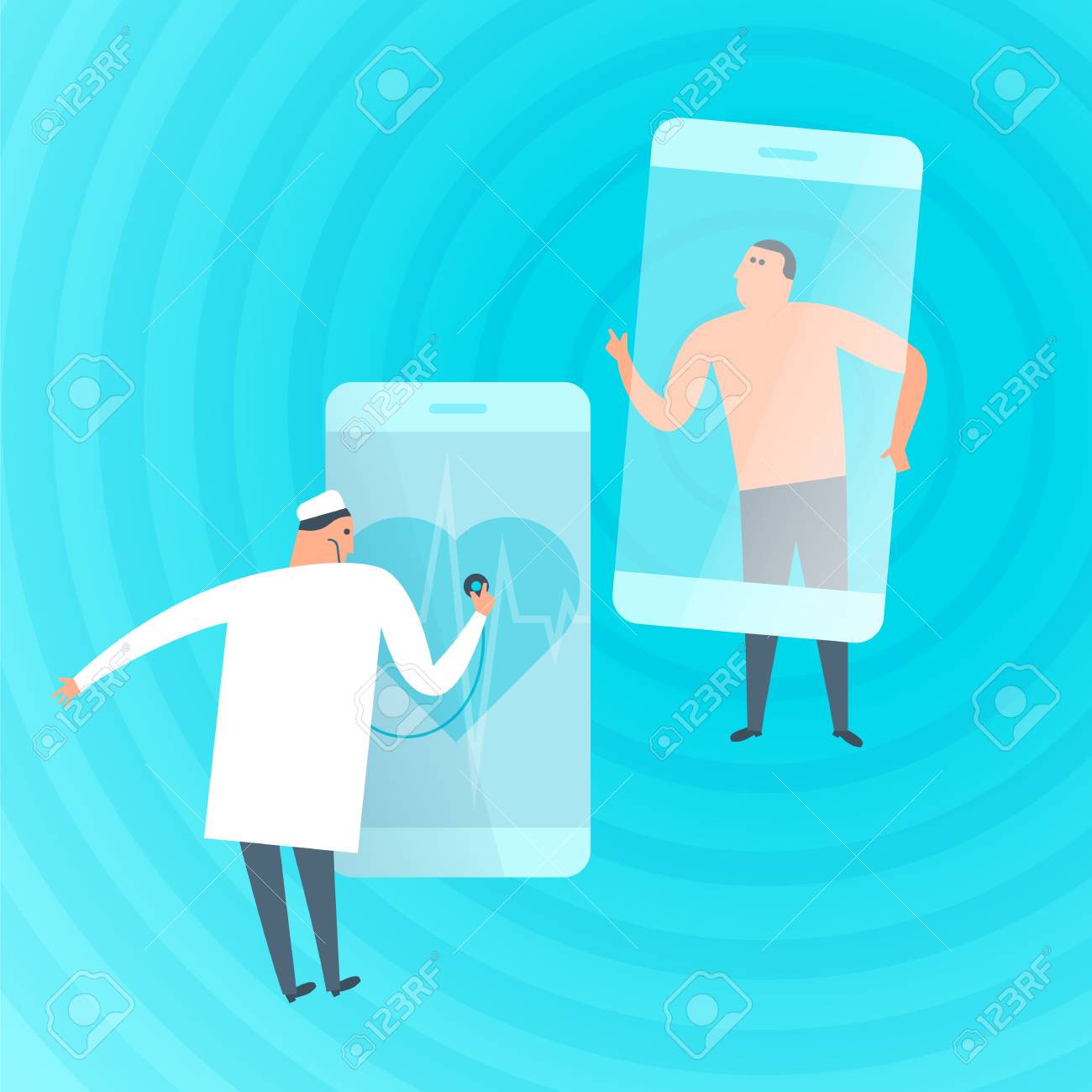 Doctor exams patient's heartbeat by phone. Online, tele medicine flat concept illustration. Medic with stethoscope listens heart at smartphone screen. Telemedicine, telehealth vector design element. - 101817719 Doctor exams patient's heartbeat by phone. Online, tele medicine flat concept illustration. Medic with stethoscope listens heart at smartphone screen. Telemedicine, telehealth vector design element. - 101817719