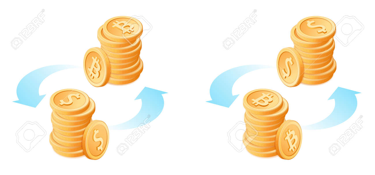 El Intercambio De Bitcoins A Dólares. El Proceso De Conversión De Moneda.  Ilustración Isométrica De Vector Plano De Pila De Monedas De Bits Y Pila De  Dólares De Metal. El Dinero, Los