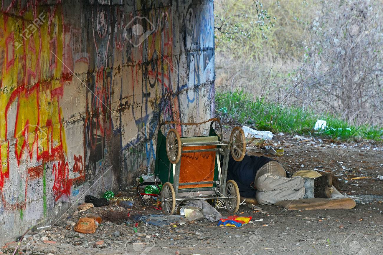 Person Is Homeless And Sleeps Under The Bridge Stock Photo Picture And Royalty Free Image Image 76318053