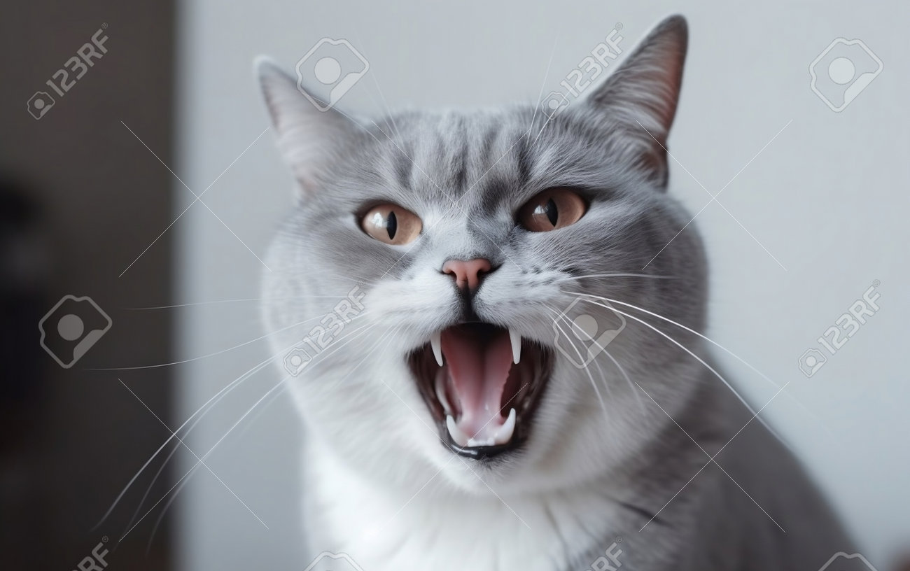 angry british shorthair cat making funny face with mouth open, Stock image