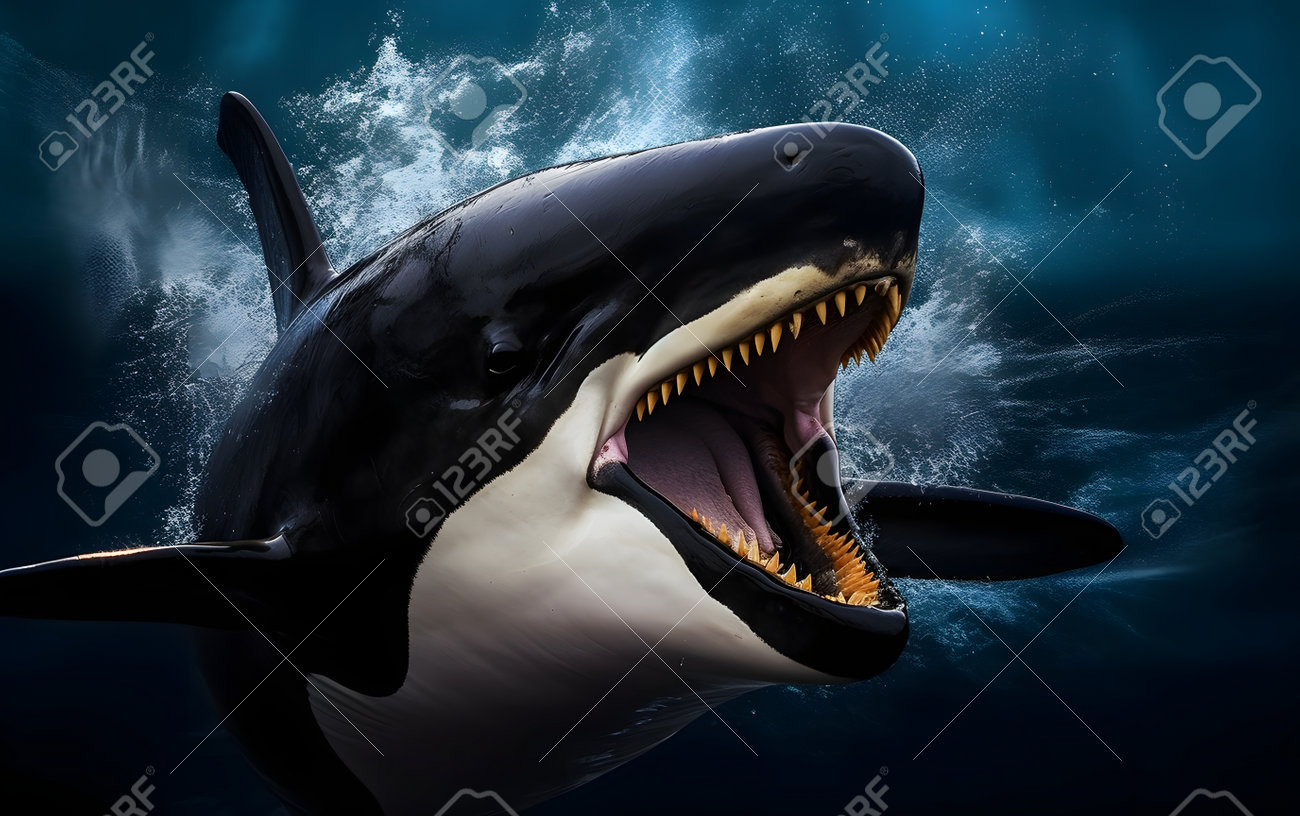 深い青い海に口を開けた美しいシャチ。3Dレンダリングの写真素材・画像