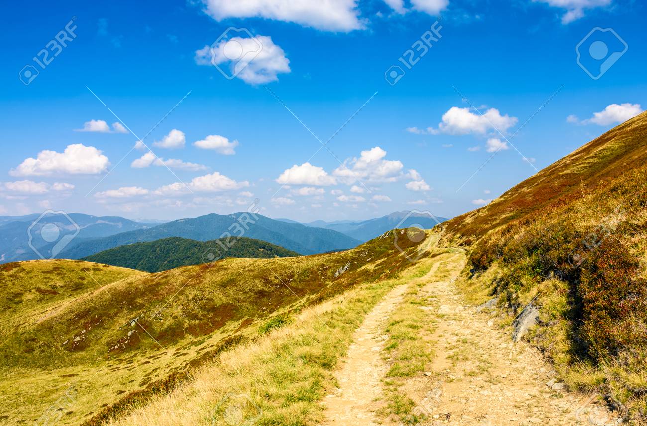 丘の中腹に大きな牧草地を通してパスを巻線です 上り坂のカルパティア山の尾根を追跡します 曇り空の晴天の秋の日 の写真素材 画像素材 Image