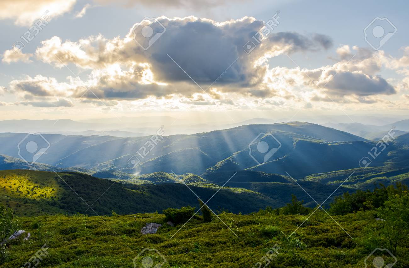 Beautiful Mountainous Summer Landscape Sun Ray Fall On Hillside Sun Behind The Cloud Lovely Scenery In Afternoon Stock Photo Picture And Royalty Free Image Image 104818611