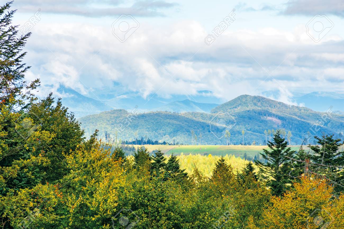 September Countryside Mountains. Beautiful Nature Background. Mixed Forest In Light. Distant Ridge In Haze Stock Picture And Royalty Free Image. Image 123207172.