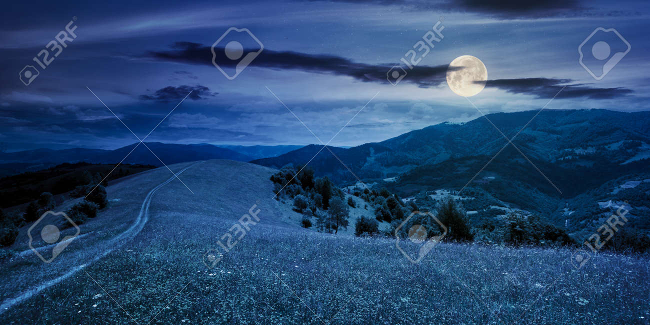 Path Through The Mountain Meadow At Night. Mysterious Summer Landscape Of  Carpathian Countryside In Full Moon Light. Fluffy Clouds On The Blue Sky  Stock Photo, Picture and Royalty Free Image. Image 153750101., image size:1300x650