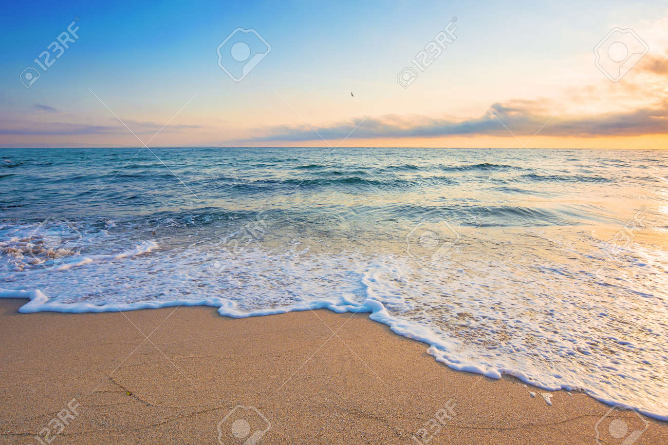 海辺での夏休み。日の出の美しい海の景色。穏やかな波が金色の砂浜を