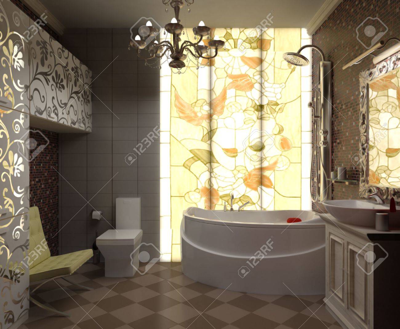 archivio fotografico illustrazione interni bellissimo bagno con wc e doccia