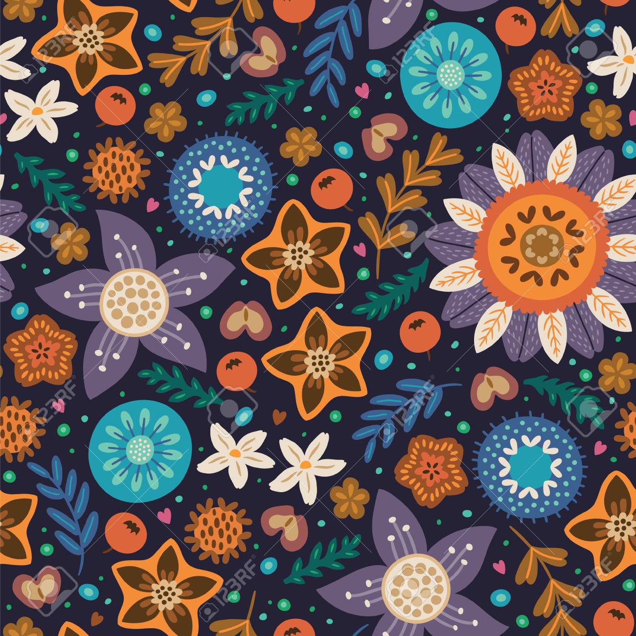 北欧風の花柄 紫 オレンジ 青い花 ベクトル図のイラスト素材 ベクタ Image