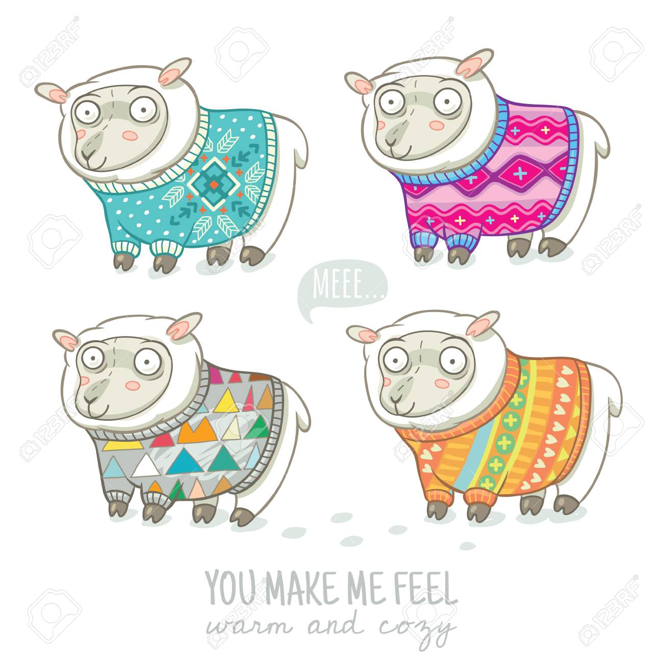 ニットのセーターのかわいい 4 つの羊とベクトル年賀状のイラスト素材 ベクタ Image