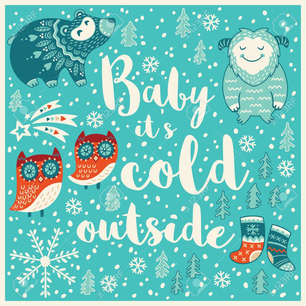 赤ちゃんが外は寒い 休日の希望 タイポグラフィーと背景レタリングします ベクターの漫画のカード 幼稚な背景 のイラスト素材 ベクタ Image