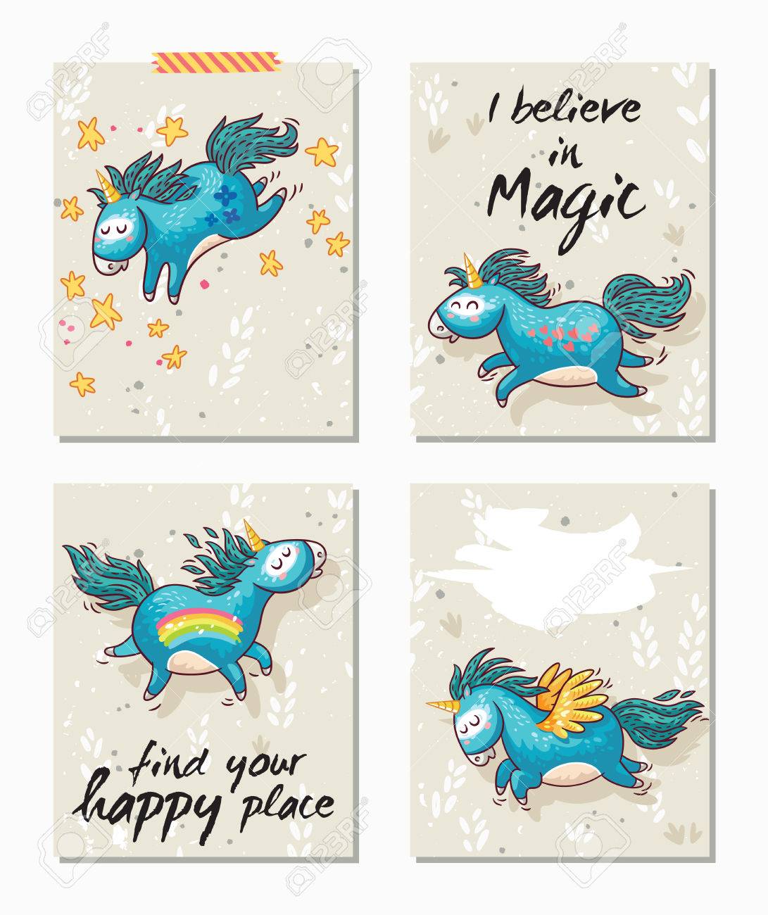 魔法のカード漫画ユニコーン 星や虹入り 私は魔法を信じています あなたの幸せな場所を見つけます 面白いユニコーン文字とビンテージのハッピー カード デザインのイラスト素材 ベクタ Image