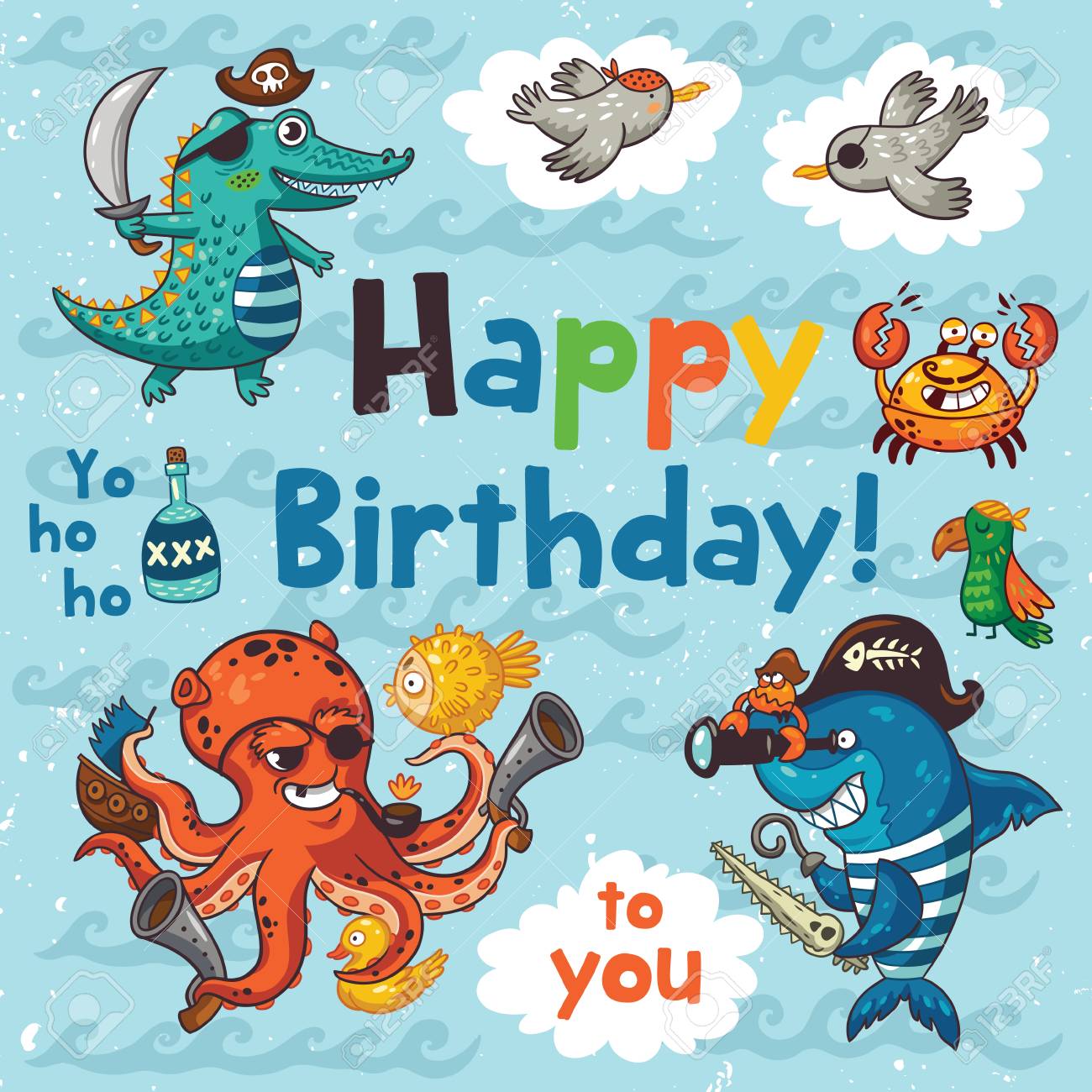Joyeux Anniversaire Carte De Voeux Avec Des Pirates Dans Le Style De Bande Dessinee Carte Impressionnante Dans Des Couleurs Vives Avec Des Pirates Crocodile Poulpe Requin Crabe Mouettes Perroquet Et Une Bouteille