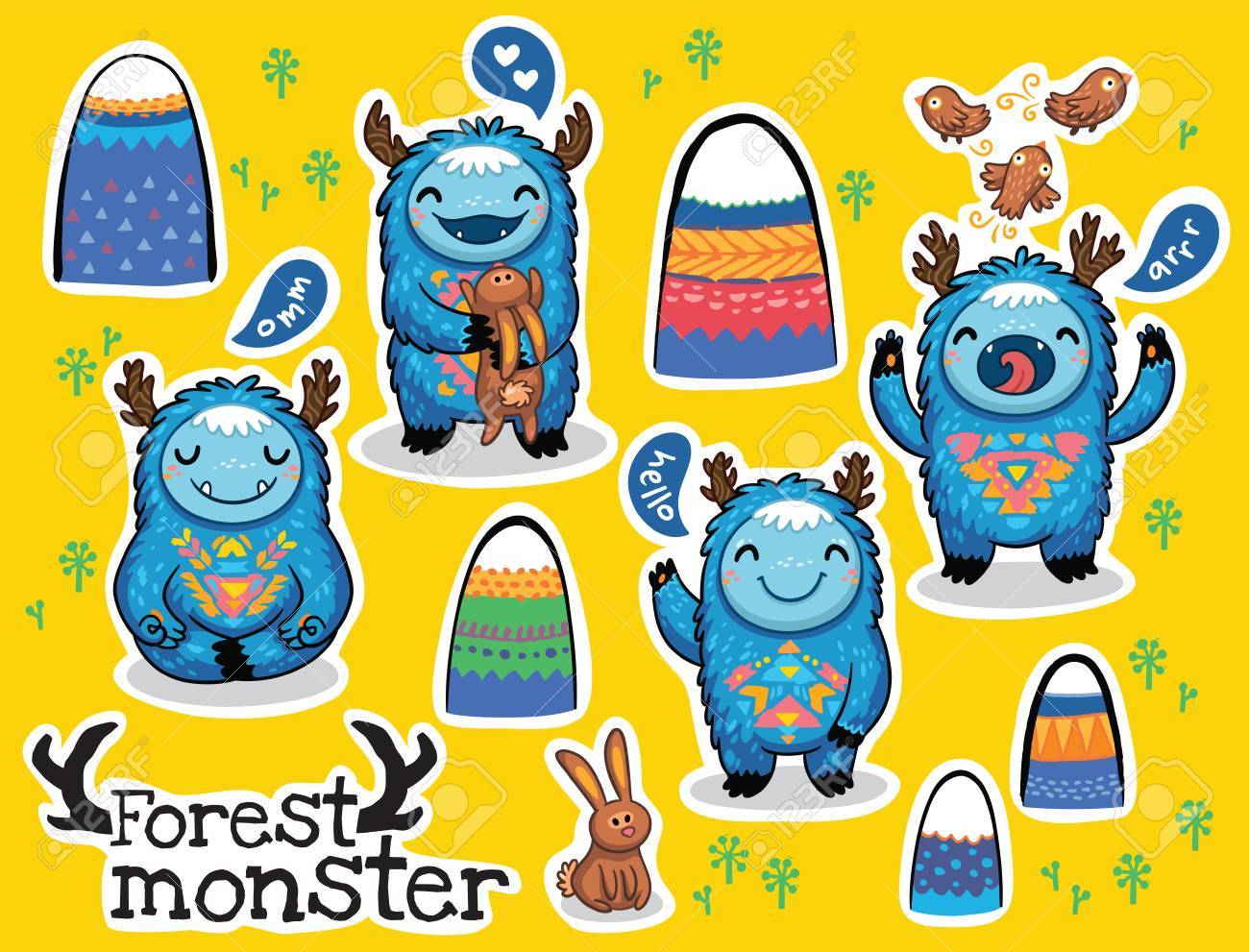 ベクトル ステッカー セットかわいいモンスターと明るい想像上のキャラクター デザインします 感情のモンスター のイラスト素材 ベクタ Image