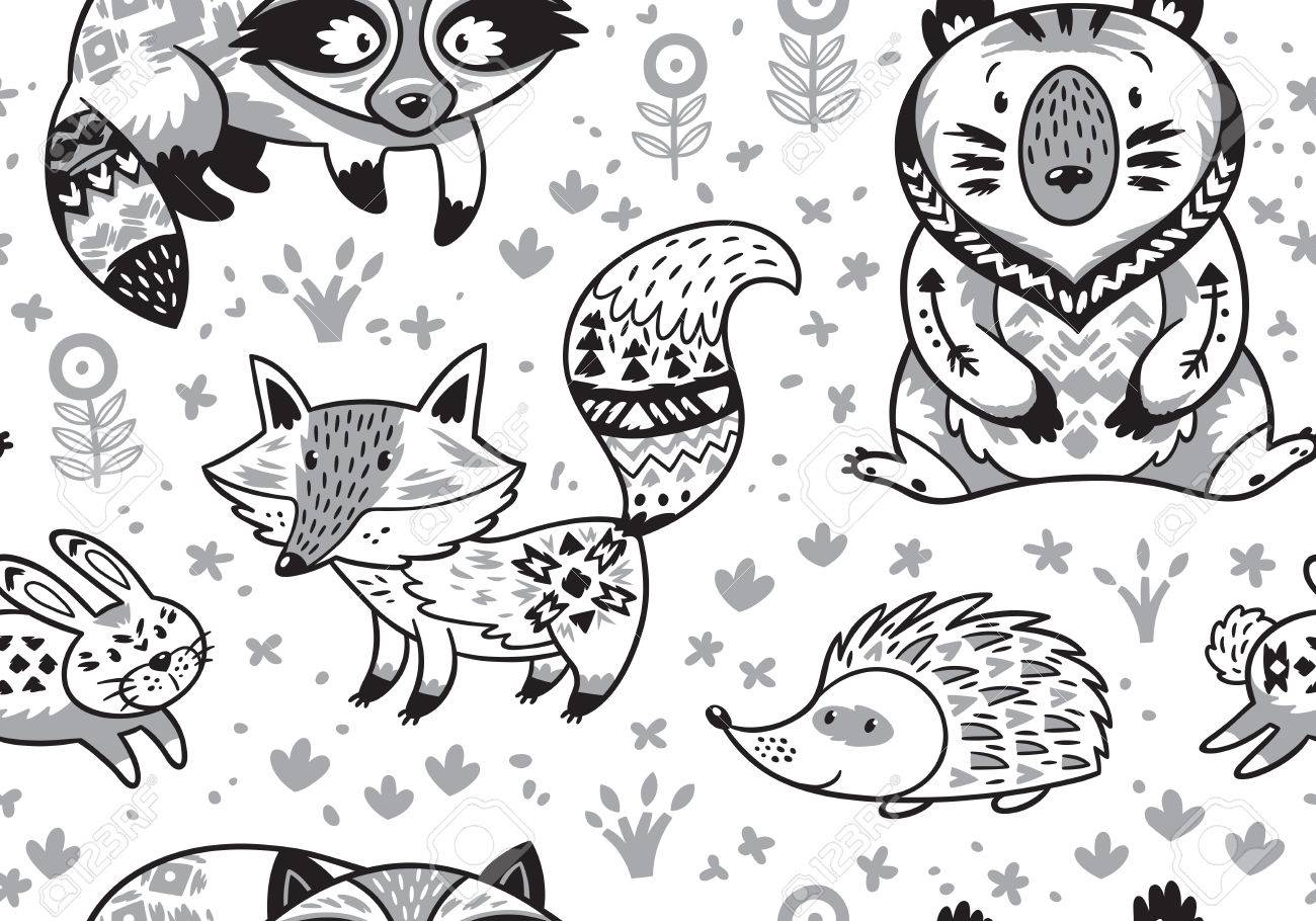 Woodland Animals Seamless Pattern In Monochrome Royalty Free