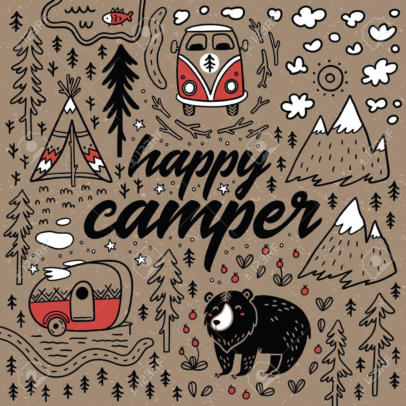 Happy Camper Vector Hand Drawn Card Cartoon Camping Print Stock Happy Camper Vector Hand Drawn Card Cartoon Camping Print Stock
